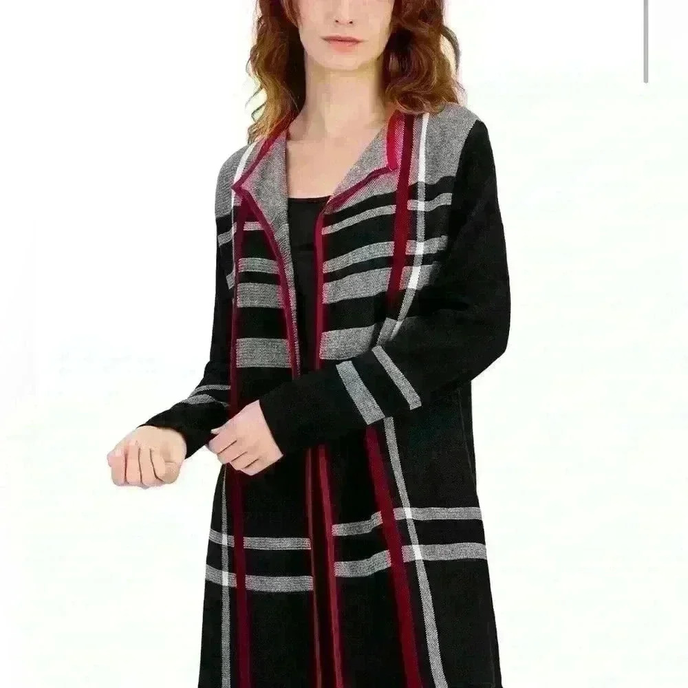 Kasper Edge To Edge Plaid Open-Front Cardigan. Si… - image 1